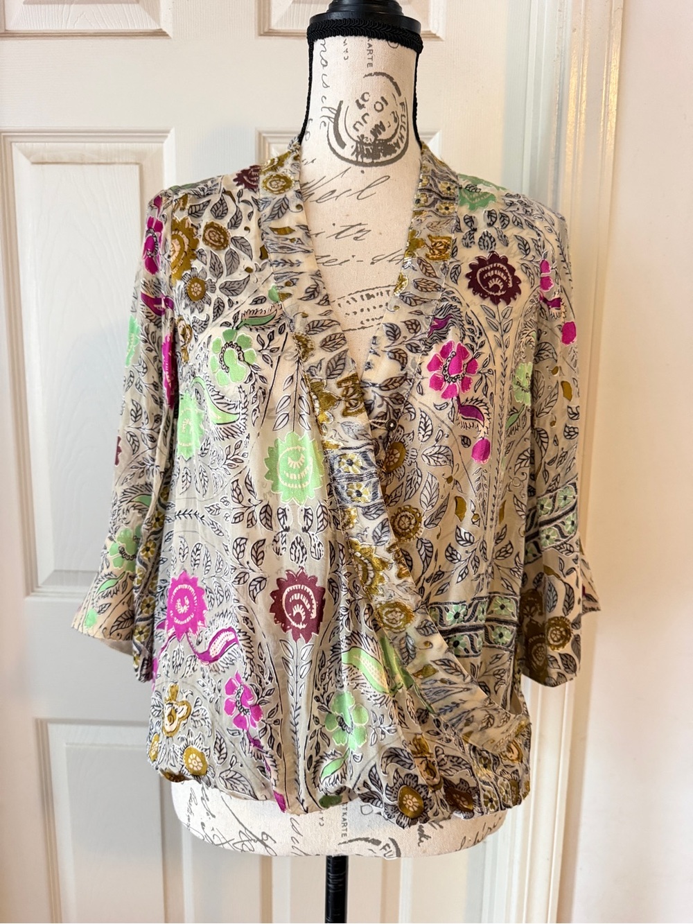 Anthropologie Floral Blouse in Beige with Pink & Lime Accents